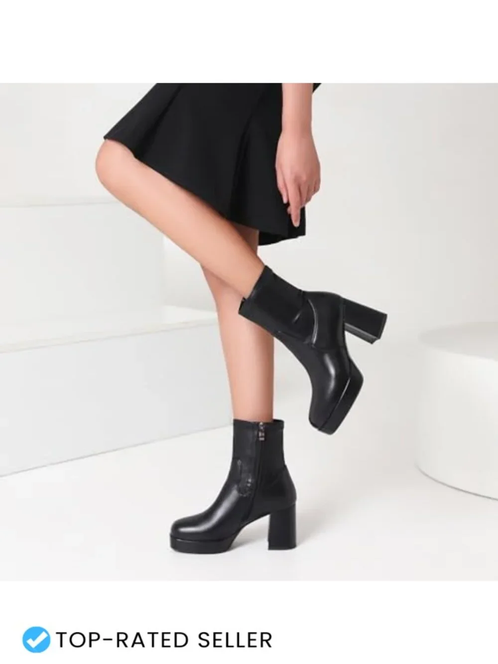 Women's Stretch Ankle Boots Platform Chunky Heel Square Toe Side Zipper Pu